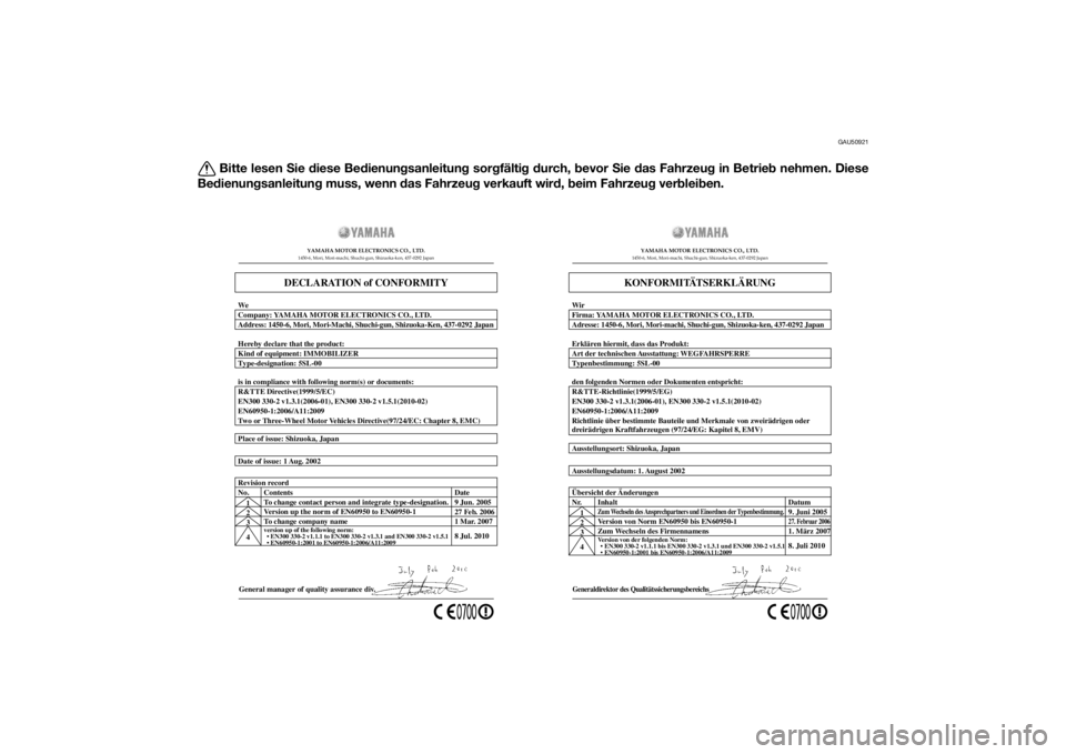 YAMAHA MT-07 2014 Betriebsanleitungen (in German) GAU50921
Bitte lesen Sie diese Be dienun gsanleitung sorgfälti g d urch, bevor Sie das Fahrzeu g in Betrie b nehmen. Diese
Be dienun gsanleitun g muss, wenn das Fahrzeu g verkauft wir d, b eim YAMAHA MT-07 2014 Betriebsanleitungen (in German) GAU50921
Bitte lesen Sie diese Be dienun gsanleitung sorgfälti g d urch, bevor Sie das Fahrzeu g in Betrie b nehmen. Diese
Be dienun gsanleitun g muss, wenn das Fahrzeu g verkauft wir d, b eim