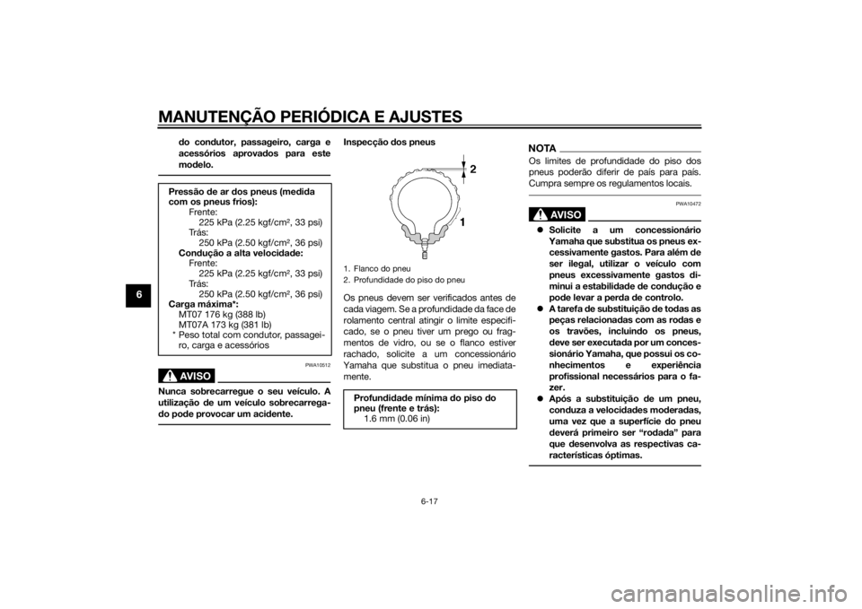 YAMAHA MT-07 2014  Manual de utilização (in Portuguese) MANUTENÇÃO PERIÓDICA E AJUSTES
6-17
6
do con dutor, passageiro, carga e
acessórios aprova dos para este
mo delo.AVISO
PWA10512
Nunca sobrecarregue o seu veículo. A
utilização  de um veículo so