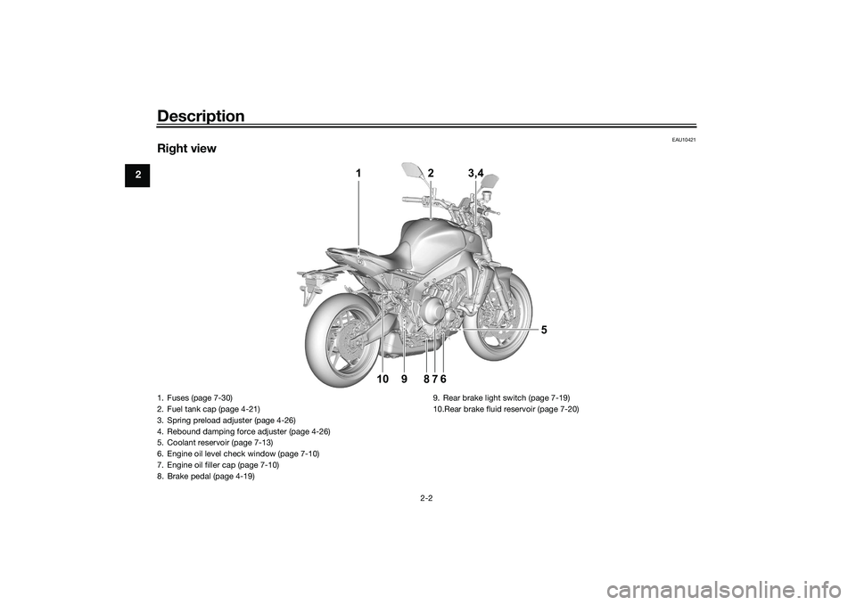YAMAHA MT-09 2022  Owners Manual Description
2-2
2
EAU10421
Right view
1 2 3,4
5
9
10 6
78
1. Fuses (page 7-30)
2. Fuel tank cap (page 4-21)
3. Spring preload adjuster (page 4-26)
4. Rebound damping force adjuster (page 4-26)
5. Cool