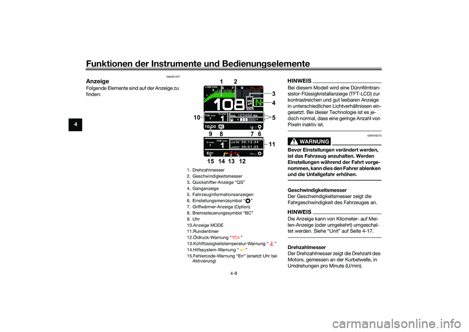 YAMAHA MT-09 2022 Betriebsanleitungen (in German) Funktionen der Instrumente und Bedienungselemente
4-9
4
GAU91447
AnzeigeFolgende Elemente sind auf der Anzeige zu
finden:
HINWEISBei diesem Modell wird eine Dünnfilmtran-
sistor-Flüssigkristallanze YAMAHA MT-09 2022 Betriebsanleitungen (in German) Funktionen der Instrumente und Bedienungselemente
4-9
4
GAU91447
AnzeigeFolgende Elemente sind auf der Anzeige zu
finden:
HINWEISBei diesem Modell wird eine Dünnfilmtran-
sistor-Flüssigkristallanze