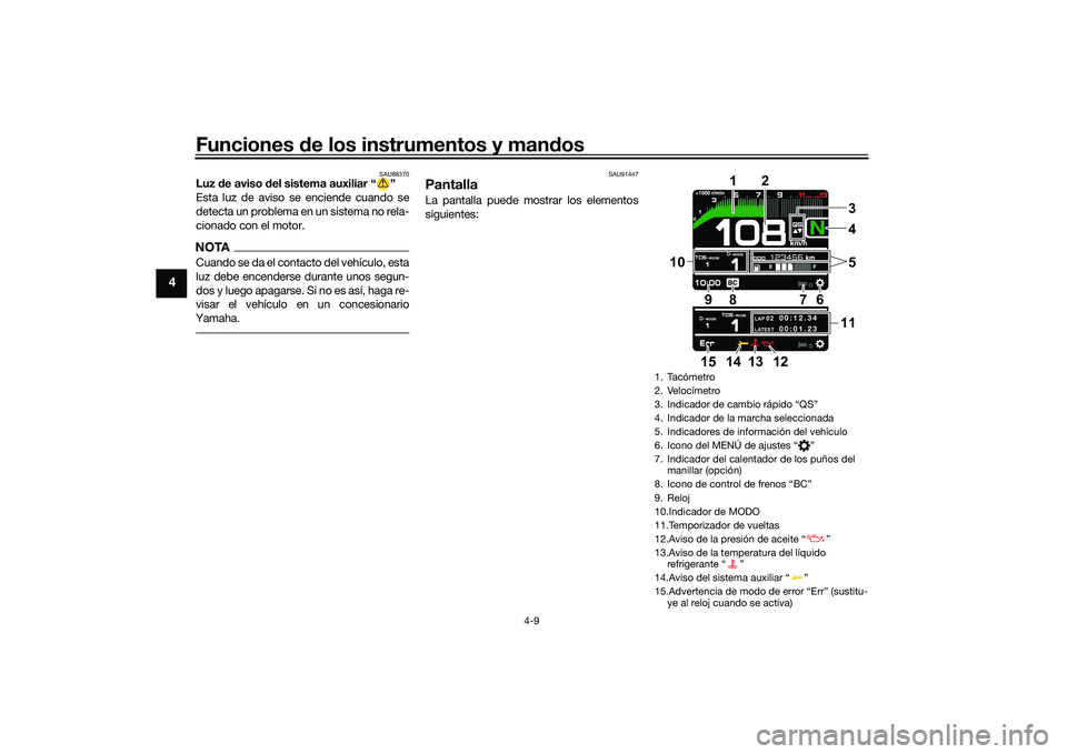 YAMAHA MT-09 2022 Manuale de Empleo (in Spanish) Funciones de los instrumentos y mandos
4-9
4
SAU88370
Luz de aviso del sistema auxiliar “ ”
Esta luz de aviso se enciende cuando se
detecta un problema en un sistema no rela-
cionado con el motor. YAMAHA MT-09 2022 Manuale de Empleo (in Spanish) Funciones de los instrumentos y mandos
4-9
4
SAU88370
Luz de aviso del sistema auxiliar “ ”
Esta luz de aviso se enciende cuando se
detecta un problema en un sistema no rela-
cionado con el motor.