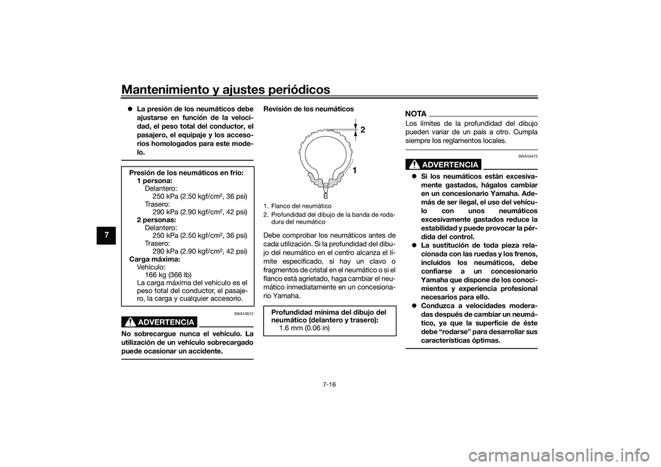 YAMAHA MT-09 2022  Manuale de Empleo (in Spanish) Mantenimiento y ajustes periódicos
7-16
7
La presión de los neumáticos debe
ajustarse en función de la veloci-
dad, el peso total del conductor, el
pasajero, el equipaje y los acceso-
rios homo