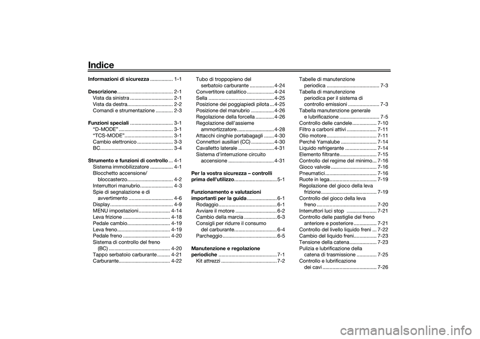YAMAHA MT-09 2022  Manuale duso (in Italian) IndiceInformazioni  di sicurezza ................ 1-1
Descrizione ....................................... 2-1
Vista da sinistra .............................. 2-1
Vista da destra......................