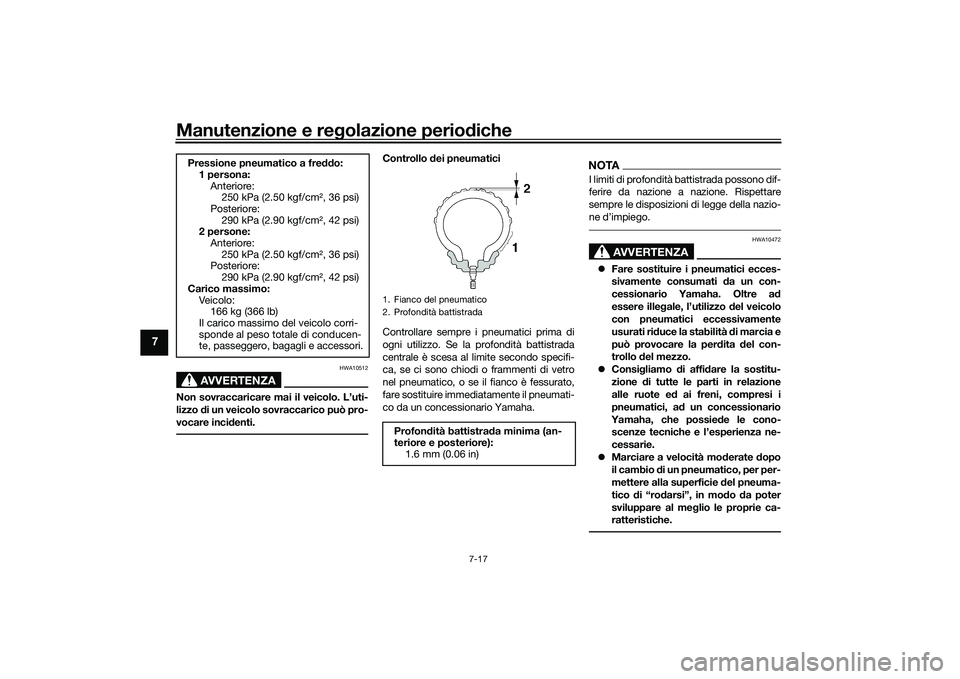 YAMAHA MT-09 2022  Manuale duso (in Italian) Manutenzione e regolazione periodiche
7-17
7
AVVERTENZA
HWA10512
Non sovraccaricare mai il veicolo. L’uti-
lizzo di un veicolo sovraccarico può pro-
vocare incidenti.
Controllo dei pneumatici
Contr