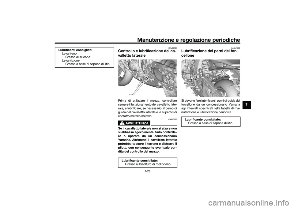 YAMAHA MT-09 2022  Manuale duso (in Italian) Manutenzione e regolazione periodiche
7-28
7
HAU89101
Controllo e lubrificazione del ca-
valletto lateralePrima di utilizzare il mezzo, controllare
sempre il funzionamento del cavalletto late-
rale, e