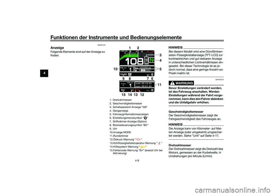 YAMAHA MT-09 2021  Betriebsanleitungen (in German) Funktionen der Instru mente un d Be dienun gselemente
4-9
4
GAU91445
Anzei geFolgende Elemente sind auf der Anzeige zu 
finden:
HINWEISBei diesem Modell wird eine Dünnfilmtran-
sistor-Flüssigkristal