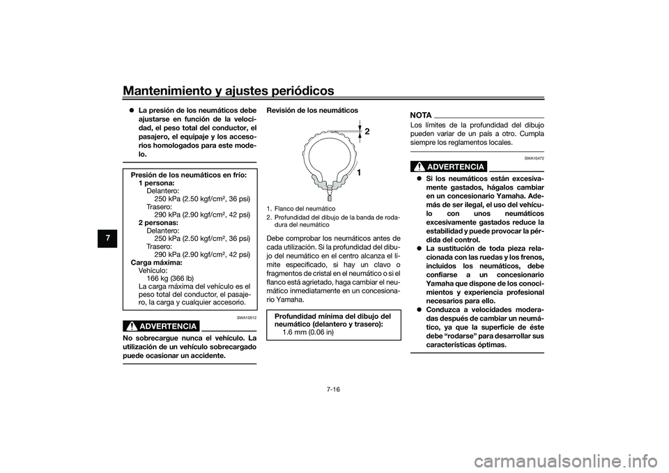 YAMAHA MT-09 2021 Manuale de Empleo (in Spanish) Mantenimiento y ajustes periódicos
7-16
7
La presión d e los neumáticos d ebe
ajustarse en función d e la veloci-
d ad , el peso total del con ductor, el
pasajero, el equipaje y los acceso-
r YAMAHA MT-09 2021 Manuale de Empleo (in Spanish) Mantenimiento y ajustes periódicos
7-16
7
La presión d e los neumáticos d ebe
ajustarse en función d e la veloci-
d ad , el peso total del con ductor, el
pasajero, el equipaje y los acceso-
r