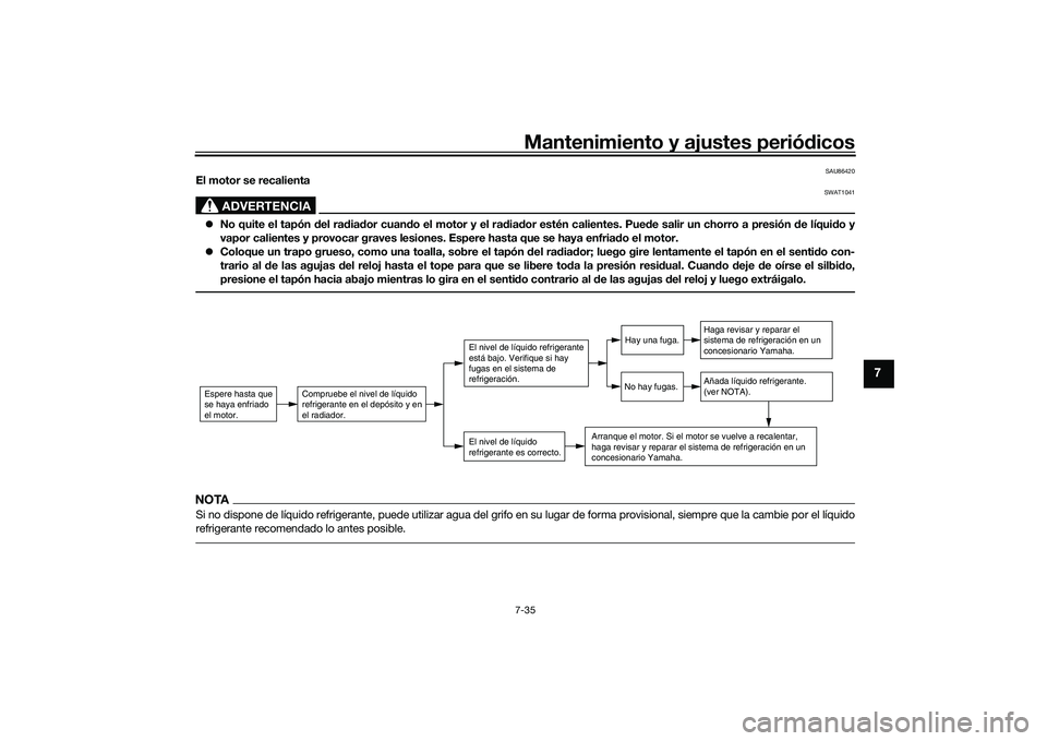 YAMAHA MT-09 2021 Manuale de Empleo (in Spanish) Mantenimiento y ajustes periódicos7-35
7
SAU86420
El motor se recalienta
ADVERTENCIA
SWAT1041
No quite el tapón del ra dia dor cuan do el motor y el ra dia dor estén calientes. Pue de salir un YAMAHA MT-09 2021 Manuale de Empleo (in Spanish) Mantenimiento y ajustes periódicos7-35
7
SAU86420
El motor se recalienta
ADVERTENCIA
SWAT1041
No quite el tapón del ra dia dor cuan do el motor y el ra dia dor estén calientes. Pue de salir un
