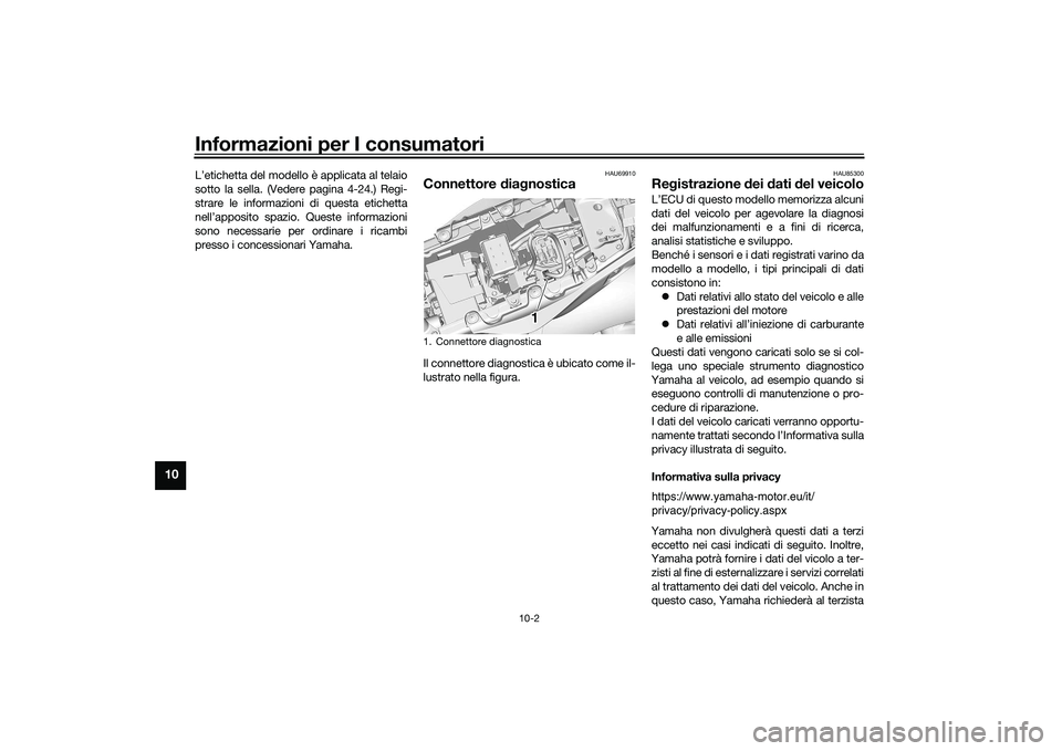 YAMAHA MT-09 2021  Manuale duso (in Italian) Informazioni per I consumatori
10-2
10
L’etichetta del modello è applicata al telaio
sotto la sella. (Vedere pagina 4-24.) Regi-
strare le informazioni di questa etichetta
nell’apposito spazio. Q