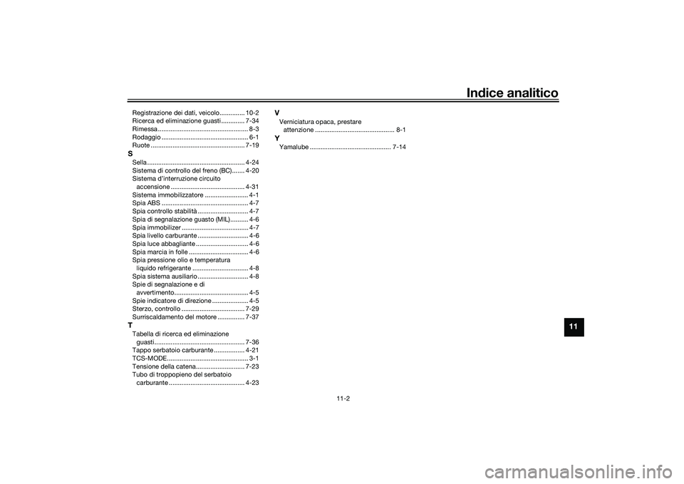 YAMAHA MT-09 2021  Manuale duso (in Italian) Indice analitico
11-2
11
Registrazione dei dati, veicolo.............. 10-2
Ricerca ed eliminazione guasti ............. 7-34
Rimessa .................................................. 8-3
Rodaggio ..