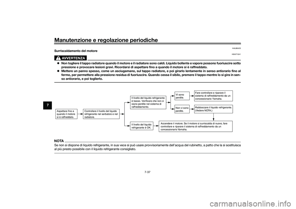 YAMAHA MT-09 2021 Manuale duso (in Italian) Manutenzione e regolazione perio diche
7-37
7
HAU86420
Surriscal damento del motore
AVVERTENZA
HWAT1041
Non to gliere il tappo rad iatore quand o il motore e il ra diatore sono cal di. Li qui do YAMAHA MT-09 2021 Manuale duso (in Italian) Manutenzione e regolazione perio diche
7-37
7
HAU86420
Surriscal damento del motore
AVVERTENZA
HWAT1041
Non to gliere il tappo rad iatore quand o il motore e il ra diatore sono cal di. Li qui do