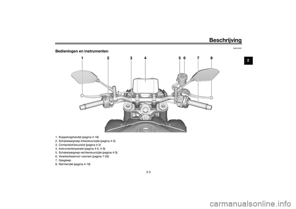 YAMAHA MT-09 2021 Instructieboekje (in Dutch) Beschrijving
2-3
2
DAU10431
Bedienin gen en instrumenten
1
2
4
6
5
7
8
3
1. Koppelingshendel (pagina 4-18)
2. Schakelaargroep linkerstuurzijde (pagina 4-3)
3. Contactslot/stuurslot (pagina 4-2)
4. Ins YAMAHA MT-09 2021 Instructieboekje (in Dutch) Beschrijving
2-3
2
DAU10431
Bedienin gen en instrumenten
1
2
4
6
5
7
8
3
1. Koppelingshendel (pagina 4-18)
2. Schakelaargroep linkerstuurzijde (pagina 4-3)
3. Contactslot/stuurslot (pagina 4-2)
4. Ins
