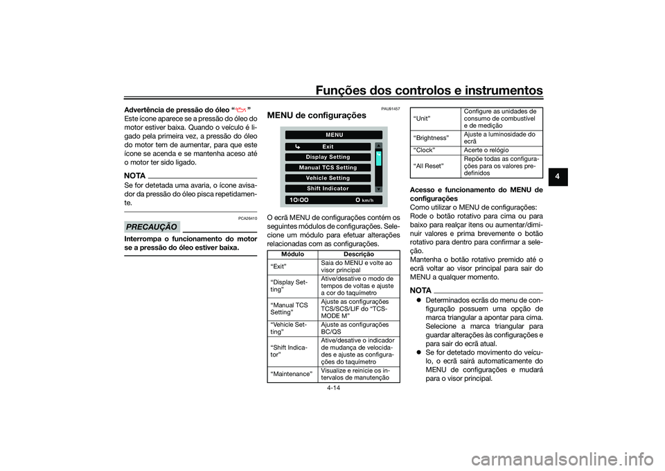 YAMAHA MT-09 2021 Manual de utilização (in Portuguese) Funções dos controlos e instrumentos
4-14
4
Advertência de pressão do óleo “ ”
Este ícone aparece se a pressão do óleo do
motor estiver baixa. Quando o veículo é li-
gado pela primeira YAMAHA MT-09 2021 Manual de utilização (in Portuguese) Funções dos controlos e instrumentos
4-14
4
Advertência de pressão do óleo “ ”
Este ícone aparece se a pressão do óleo do
motor estiver baixa. Quando o veículo é li-
gado pela primeira