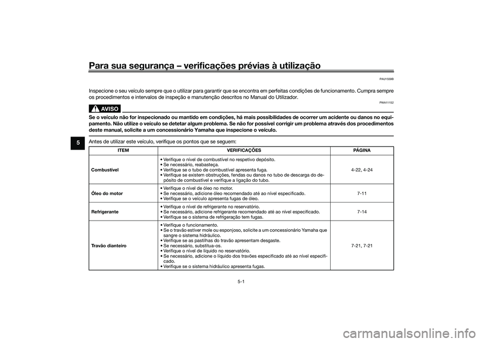 YAMAHA MT-09 2021 Manual de utilização (in Portuguese) Para sua segurança – verificações prévias à utilização
5-1
5
PAU1559B
Inspecione o seu veículo sempre que o utilizar para garantir que se encontra em perfeitas condições de funcionamento. YAMAHA MT-09 2021 Manual de utilização (in Portuguese) Para sua segurança – verificações prévias à utilização
5-1
5
PAU1559B
Inspecione o seu veículo sempre que o utilizar para garantir que se encontra em perfeitas condições de funcionamento.