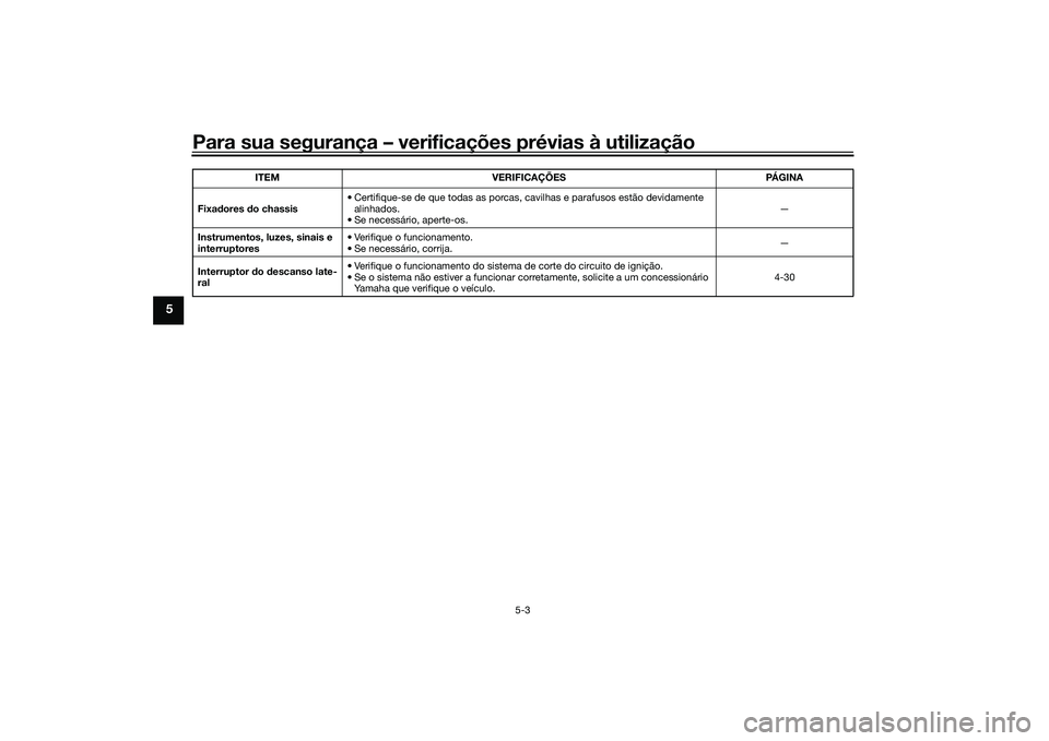 YAMAHA MT-09 2021 Manual de utilização (in Portuguese) Para sua segurança – verificações prévias à utilização
5-3
5
Fixadores do chassis • Certifique-se de que todas as porcas, cavilhas e parafusos estão devidamente
alinhados.
• Se necess YAMAHA MT-09 2021 Manual de utilização (in Portuguese) Para sua segurança – verificações prévias à utilização
5-3
5
Fixadores do chassis • Certifique-se de que todas as porcas, cavilhas e parafusos estão devidamente
alinhados.
• Se necess