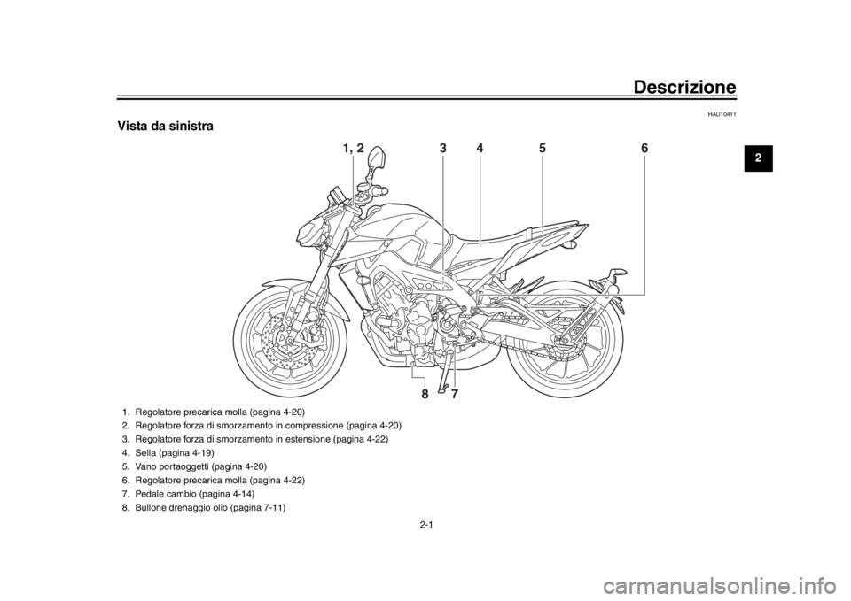 YAMAHA MT-09 2020 Manuale duso (in Italian) 2-1
123
4
5
6
7
8
9
10
11
12
Descrizione
HAU10411
Vista da sinistra
3
4
5
6
7
8
1, 2
1. Regolatore precarica molla (pagina 4-20)
2. Regolatore forza di smorzamento in compressione (pagina 4-20)
3. Reg YAMAHA MT-09 2020 Manuale duso (in Italian) 2-1
123
4
5
6
7
8
9
10
11
12
Descrizione
HAU10411
Vista da sinistra
3
4
5
6
7
8
1, 2
1. Regolatore precarica molla (pagina 4-20)
2. Regolatore forza di smorzamento in compressione (pagina 4-20)
3. Reg