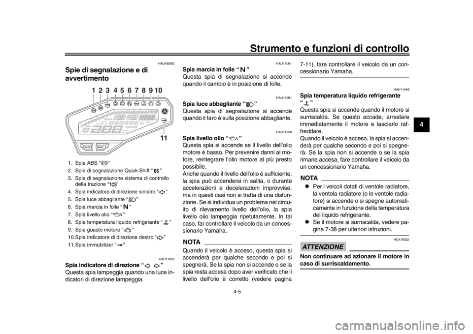YAMAHA MT-09 2020 Manuale duso (in Italian) Strumento e funzioni di controllo
4-5
1
2
345
6
7
8
9
10
11
12
HAU4939G
Spie di segnalazione e di
avvertimento
HAU11022
Spia indicatore di direzione “ ”
Questa spia lampeggia quando una luce in-
YAMAHA MT-09 2020 Manuale duso (in Italian) Strumento e funzioni di controllo
4-5
1
2
345
6
7
8
9
10
11
12
HAU4939G
Spie di segnalazione e di
avvertimento
HAU11022
Spia indicatore di direzione “ ”
Questa spia lampeggia quando una luce in-