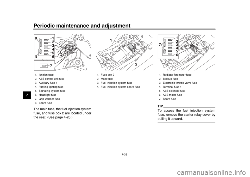 YAMAHA MT-09 2019  Owners Manual Periodic maintenance and adjustment
7-32
1
2
3
4
5
67
8
9
10
11
12 The main fuse, the fuel injection system
fuse, and fuse box 2 are located under
the seat. (See page 4-20.)
TIPTo access the fuel inje