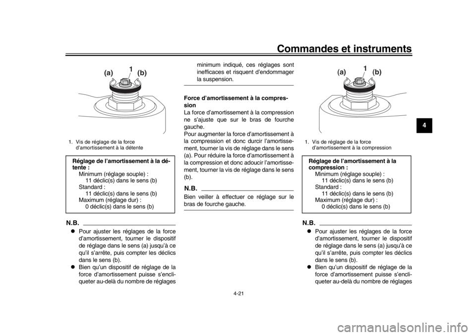 YAMAHA MT-09 2019 Notices Demploi (in French) Commandes et instruments
4-21
1
2
345
6
7
8
9
10
11
12
N.B.
Pour ajuster les réglages de la force
d’amortissement, tour ner le dispositif
de réglage dans le sens (a) jusqu’à ce
qu’il s’a YAMAHA MT-09 2019 Notices Demploi (in French) Commandes et instruments
4-21
1
2
345
6
7
8
9
10
11
12
N.B.
Pour ajuster les réglages de la force
d’amortissement, tour ner le dispositif
de réglage dans le sens (a) jusqu’à ce
qu’il s’a