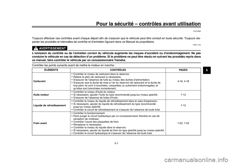 YAMAHA MT-09 2019 Notices Demploi (in French) 5-1
1
2
3
456
7
8
9
10
11
12
Pour la sécurité – contrôles avant utilisation
FAU15599
Toujours effectuer ces contrôles avant chaque départ afin de s’a ssurer que le véhicule peut être condui YAMAHA MT-09 2019 Notices Demploi (in French) 5-1
1
2
3
456
7
8
9
10
11
12
Pour la sécurité – contrôles avant utilisation
FAU15599
Toujours effectuer ces contrôles avant chaque départ afin de s’a ssurer que le véhicule peut être condui