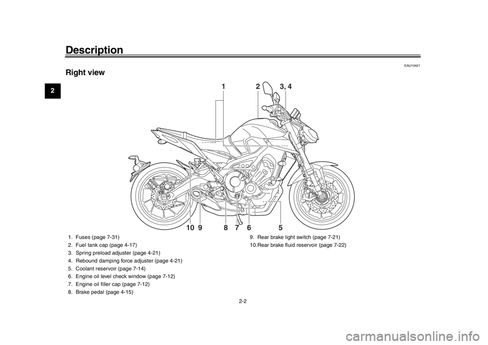YAMAHA MT-09 2018  Owners Manual Description
2-2
12
3
4
5
6
7
8
9
10
11
12
EAU10421
Right view
2
1
6
7
8
9
10
5 3, 4
1. Fuses (page 7-31)
2. Fuel tank cap (page 4-17)
3. Spring preload adjuster (page 4-21)
4. Rebound damping force ad