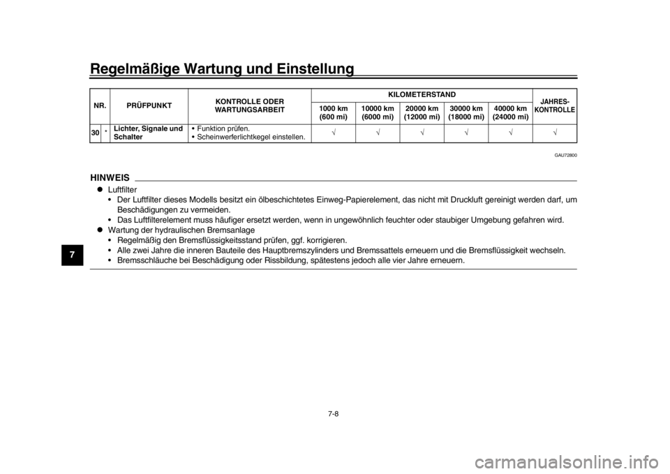 YAMAHA MT-09 2018  Betriebsanleitungen (in German) Regelmäßige Wartung und Einstellung
7-8
1
2
3
4
5
67
8
9
10
11
12
GAU72800
HINWEIS
Luftfilter
 Der Luftfilter dieses Modells besitzt ei n ölbeschichtetes Einweg-Papierelement, das ni cht mit Dru