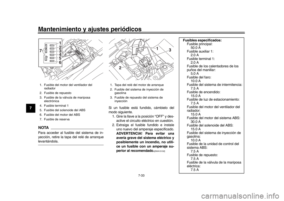 YAMAHA MT-09 2018 Manuale de Empleo (in Spanish) Mantenimiento y ajustes periódicos
7-33
1
2
3
4
5
67
8
9
10
11
12
NOTAPara acceder al fusible del sistema de in-
yección, retire la tapa del relé de arranquelevantándola. Si un fusible está fundi YAMAHA MT-09 2018 Manuale de Empleo (in Spanish) Mantenimiento y ajustes periódicos
7-33
1
2
3
4
5
67
8
9
10
11
12
NOTAPara acceder al fusible del sistema de in-
yección, retire la tapa del relé de arranquelevantándola. Si un fusible está fundi