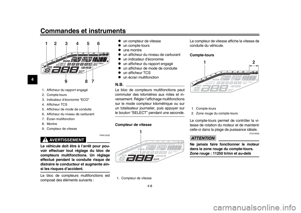 YAMAHA MT-09 2018  Notices Demploi (in French) Commandes et instruments
4-8
1
2
34
5
6
7
8
9
10
11
12
AVERTISSEMENT
FWA12423
Le véhicule doit êt re à l’arrêt pour pou-
voir effectuer tout réglage du bloc de
compteurs multifonctions. Un rég