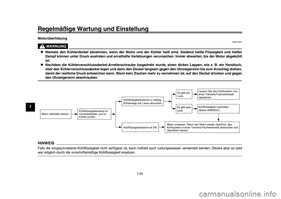 YAMAHA MT-09 2017 Betriebsanleitungen (in German) Regelmäßige Wartung und Einstellung
7-40
1
2
3
4
5
67
8
9
10
11
12
Motorüberhitzung
WARNUNG
GWA10401
Niemals den Kühlerdeckel abnehmen, wenn der Motor und der Kühler heiß sind. Siedend hei YAMAHA MT-09 2017 Betriebsanleitungen (in German) Regelmäßige Wartung und Einstellung
7-40
1
2
3
4
5
67
8
9
10
11
12
Motorüberhitzung
WARNUNG
GWA10401
Niemals den Kühlerdeckel abnehmen, wenn der Motor und der Kühler heiß sind. Siedend hei