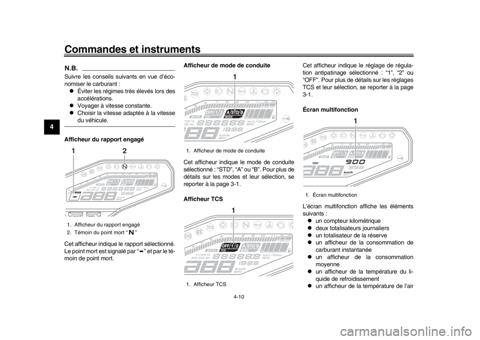 YAMAHA MT-09 2017 Notices Demploi (in French) Commandes et instruments
4-10
1
2
34
5
6
7
8
9
10
11
12
N.B.Suivre les conseils suivants en vue d’éco-
nomiser le carburant :
Éviter les régimes très élevés lors des
accélérations.
Vo YAMAHA MT-09 2017 Notices Demploi (in French) Commandes et instruments
4-10
1
2
34
5
6
7
8
9
10
11
12
N.B.Suivre les conseils suivants en vue d’éco-
nomiser le carburant :
Éviter les régimes très élevés lors des
accélérations.
Vo