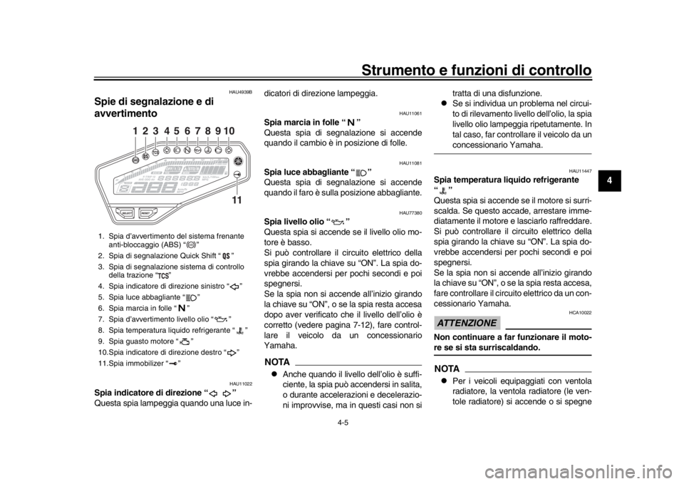 YAMAHA MT-09 2017  Manuale duso (in Italian) Strumento e funzioni di controllo
4-5
1
2
345
6
7
8
9
10
11
12
HAU4939B
Spie di segnalazione e di 
avvertimento
HAU11022
Spia indicatore di direzione “ ”
Questa spia lampeggia quando una luce in- 