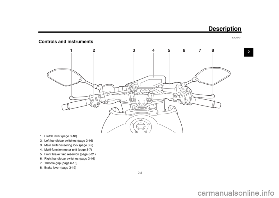 YAMAHA MT-09 2016  Owners Manual Description
2-3
123
4
5
6
7
8
9
10
11
12
EAU10431
Controls and instruments
1
2
3
4
5
6
7
8
1. Clutch lever (page 3-18)
2. Left handlebar switches (page 3-16)
3. Main switch/steering lock (page 3-2)
4.