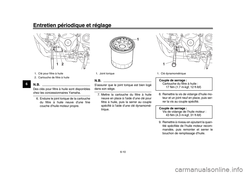 YAMAHA MT-09 2016 Notices Demploi (in French) Entretien périodique et réglage
6-10
1
2
3
4
56
7
8
9
10
11
12
N.B.Des clés pour filtre à huile sont disponibleschez les concessionnaires Yamaha. 6. Enduire le joint torique de la cartouche du fil YAMAHA MT-09 2016 Notices Demploi (in French) Entretien périodique et réglage
6-10
1
2
3
4
56
7
8
9
10
11
12
N.B.Des clés pour filtre à huile sont disponibleschez les concessionnaires Yamaha. 6. Enduire le joint torique de la cartouche du fil