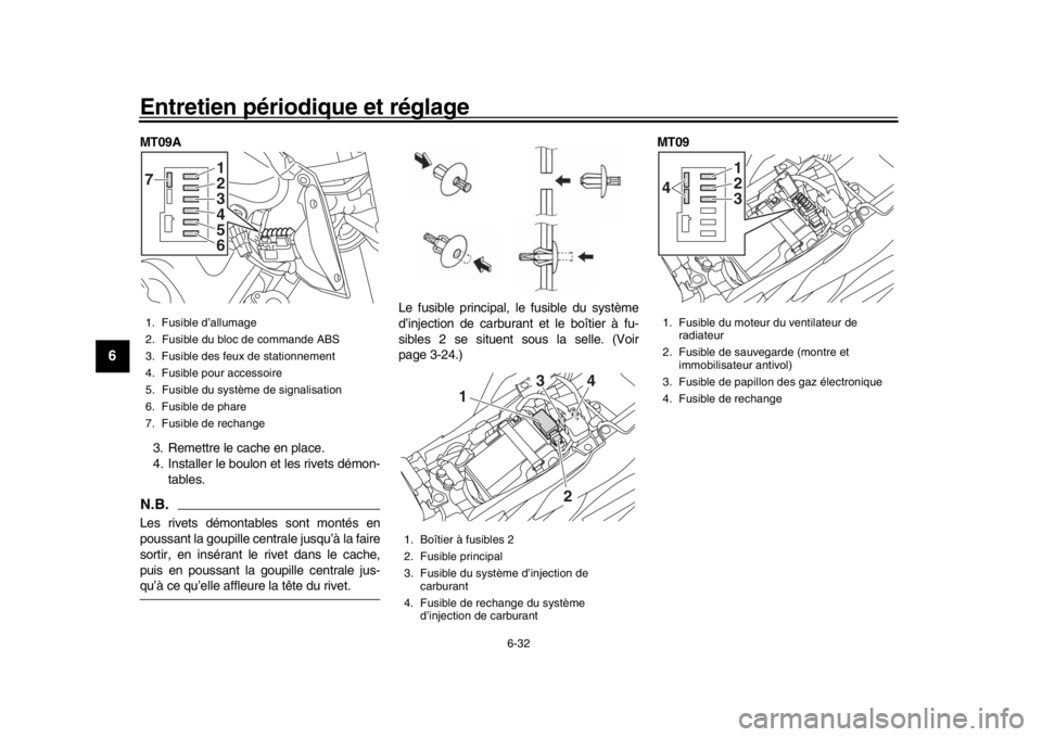 YAMAHA MT-09 2016 Notices Demploi (in French) Entretien périodique et réglage
6-32
1
2
3
4
56
7
8
9
10
11
12
MT09A
3. Remettre le cache en place.
4. Installer le boulon et les rivets démon- tables.N.B.Les rivets démontables sont montés en
po YAMAHA MT-09 2016 Notices Demploi (in French) Entretien périodique et réglage
6-32
1
2
3
4
56
7
8
9
10
11
12
MT09A
3. Remettre le cache en place.
4. Installer le boulon et les rivets démon- tables.N.B.Les rivets démontables sont montés en
po