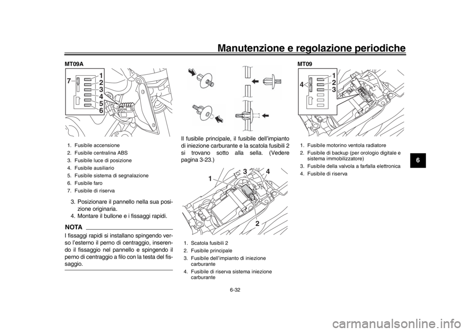 YAMAHA MT-09 2016 Manuale duso (in Italian) Manutenzione e regolazione periodiche
6-32
1
2
3
4
567
8
9
10
11
12
MT09A
3. Posizionare il pannello nella sua posi- zione originaria.
4. Montare il bullone e i fissaggi rapidi.NOTAI fissaggi rapidi s YAMAHA MT-09 2016 Manuale duso (in Italian) Manutenzione e regolazione periodiche
6-32
1
2
3
4
567
8
9
10
11
12
MT09A
3. Posizionare il pannello nella sua posi- zione originaria.
4. Montare il bullone e i fissaggi rapidi.NOTAI fissaggi rapidi s