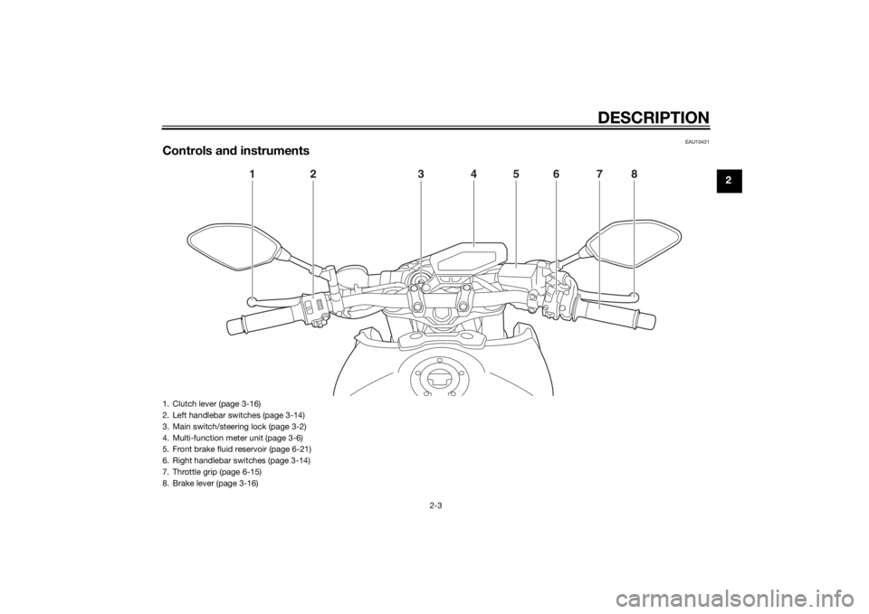 YAMAHA MT-09 2015 User Guide DESCRIPTION
2-3
2
EAU10431
Controls and instruments
1
2
3
4
5
6
7
8
1. Clutch lever (page 3-16)
2. Left handlebar switches (page 3-14)
3. Main switch/steering lock (page 3-2)
4. Multi-function meter u