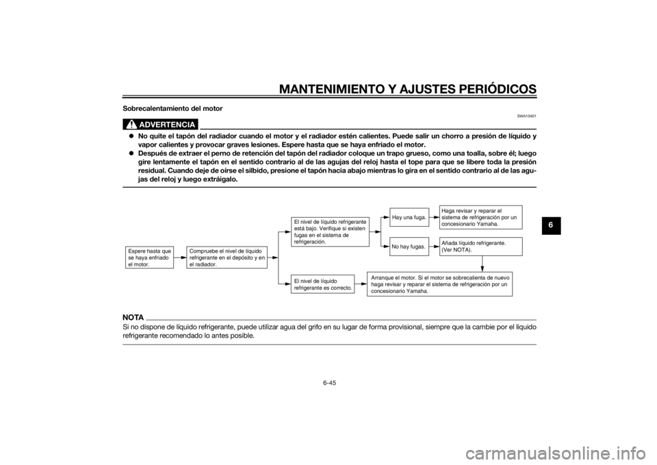 YAMAHA MT-09 2015  Manuale de Empleo (in Spanish) MANTENIMIENTO Y AJUSTES PERIÓDICOS
6-45
6
Sobrecalentamiento del motor
ADVERTENCIA
SWA10401
 No quite el tapón  del ra dia dor cuan do el motor y el ra dia dor estén calientes. Pue de salir un c