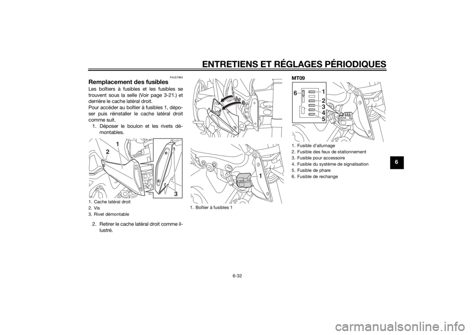 YAMAHA MT-09 2015  Notices Demploi (in French) ENTRETIENS ET RÉGLAGES PÉRIODIQUES
6-32
6
FAU57983
Remplacement des fusiblesLes boîtiers à fusibles et les fusibles se
trouvent sous la selle (Voir page 3-21.) et
derrière le cache latéral droit