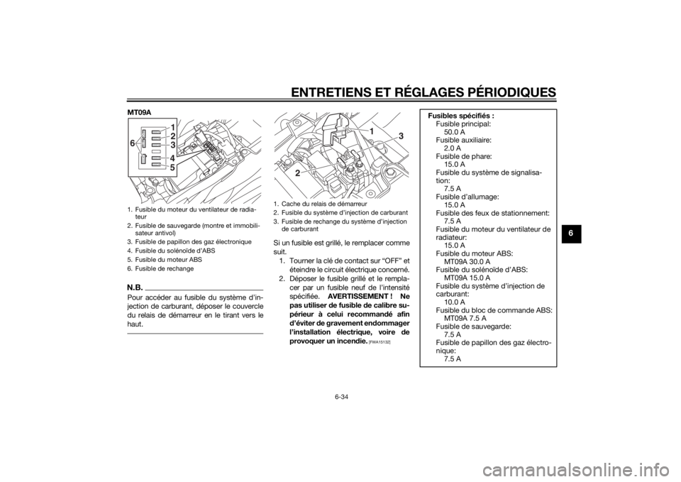 YAMAHA MT-09 2015  Notices Demploi (in French) ENTRETIENS ET RÉGLAGES PÉRIODIQUES
6-34
6
MT09AN.B.Pour accéder au fusible du système d’in-
jection de carburant, déposer le couvercle
du relais de démarreur en le tirant vers le
haut.
Si un f