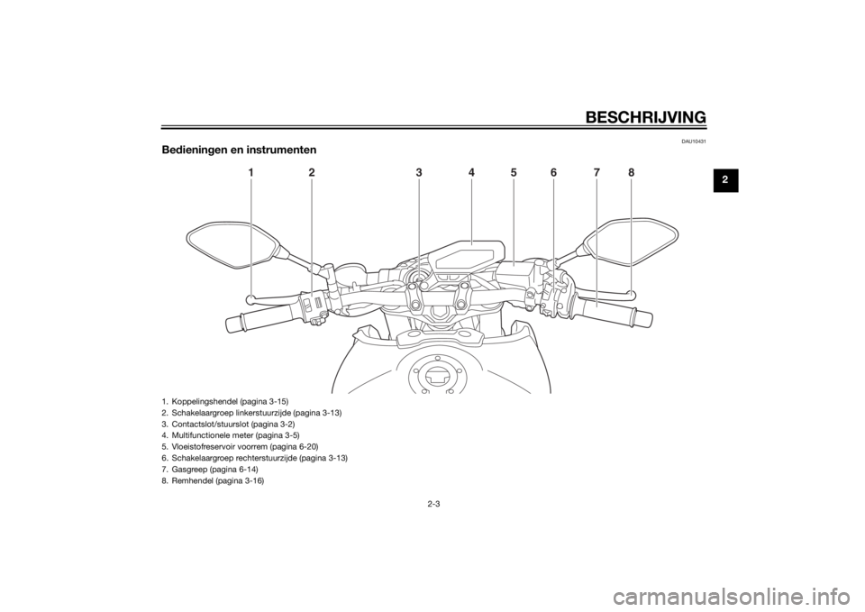 YAMAHA MT-09 2015 Instructieboekje (in Dutch) BESCHRIJVING
2-3
2
DAU10431
Bedienin gen en instrumenten
1
2
3
4
5
6
7
8
1. Koppelingshendel (pagina 3-15)
2. Schakelaargroep linkerstuurzijde (pagina 3-13)
3. Contactslot/stuurslot (pagina 3-2)
4. Mu YAMAHA MT-09 2015 Instructieboekje (in Dutch) BESCHRIJVING
2-3
2
DAU10431
Bedienin gen en instrumenten
1
2
3
4
5
6
7
8
1. Koppelingshendel (pagina 3-15)
2. Schakelaargroep linkerstuurzijde (pagina 3-13)
3. Contactslot/stuurslot (pagina 3-2)
4. Mu