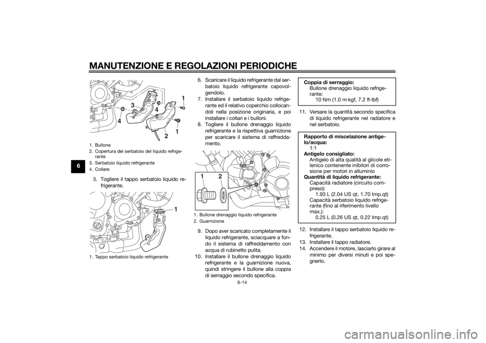 YAMAHA MT-09 2014 Manuale duso (in Italian) MANUTENZIONE E REGOLAZIONI PERIODICHE
6-14
6
5. Togliere il tappo serbatoio liquido re-frigerante. 6. Scaricare il liquido refrigerante dal ser-
batoio liquido refrigerante capovol-
gendolo.
7. Instal YAMAHA MT-09 2014 Manuale duso (in Italian) MANUTENZIONE E REGOLAZIONI PERIODICHE
6-14
6
5. Togliere il tappo serbatoio liquido re-frigerante. 6. Scaricare il liquido refrigerante dal ser-
batoio liquido refrigerante capovol-
gendolo.
7. Instal