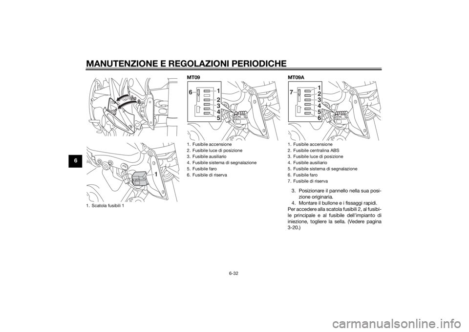 YAMAHA MT-09 2014 Manuale duso (in Italian) MANUTENZIONE E REGOLAZIONI PERIODICHE
6-32
6
MT09MT09A
3. Posizionare il pannello nella sua posi- zione originaria.
4. Montare il bullone e i fissaggi rapidi.
Per accedere alla scatola fusibili 2, al YAMAHA MT-09 2014 Manuale duso (in Italian) MANUTENZIONE E REGOLAZIONI PERIODICHE
6-32
6
MT09MT09A
3. Posizionare il pannello nella sua posi- zione originaria.
4. Montare il bullone e i fissaggi rapidi.
Per accedere alla scatola fusibili 2, al