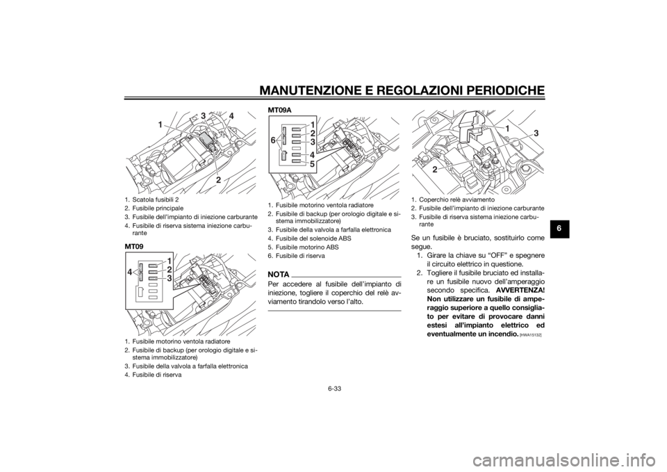 YAMAHA MT-09 2014 Manuale duso (in Italian) MANUTENZIONE E REGOLAZIONI PERIODICHE
6-33
6
MT09MT09A
NOTAPer accedere al fusibile dell’impianto di
iniezione, togliere il coperchio del relè av-
viamento tirandolo verso l’alto.
Se un fusibile YAMAHA MT-09 2014 Manuale duso (in Italian) MANUTENZIONE E REGOLAZIONI PERIODICHE
6-33
6
MT09MT09A
NOTAPer accedere al fusibile dell’impianto di
iniezione, togliere il coperchio del relè av-
viamento tirandolo verso l’alto.
Se un fusibile