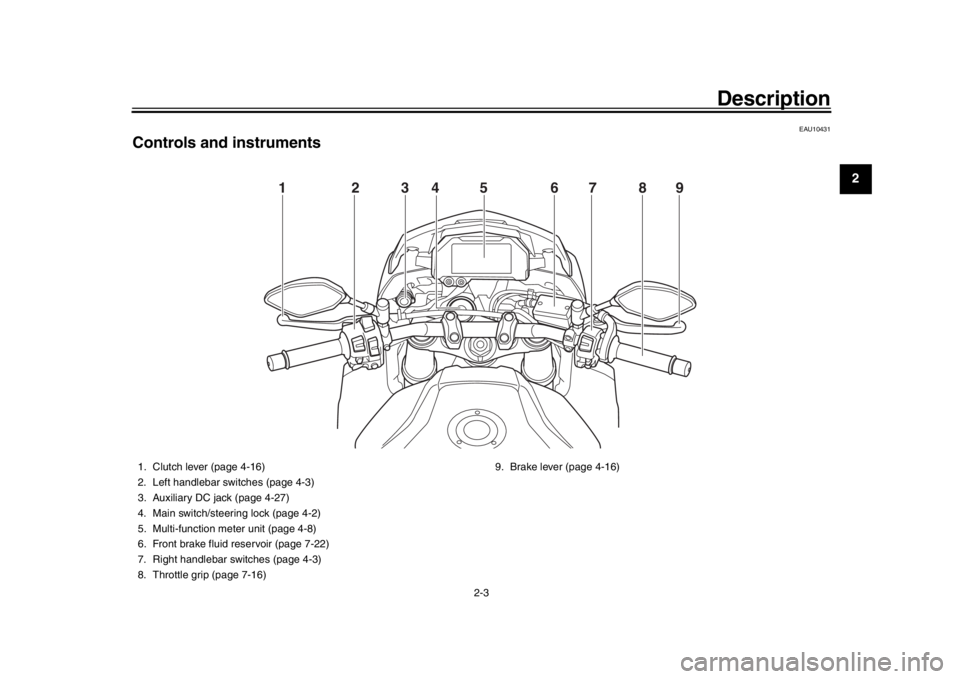 YAMAHA MT-10 2020  Owners Manual Description
2-3
123
4
5
6
7
8
9
10
11
12
EAU10431
Controls and instruments
12 456789
3
1. Clutch lever (page 4-16)
2. Left handlebar switches (page 4-3)
3. Auxiliary DC jack (page 4-27)
4. Main switch