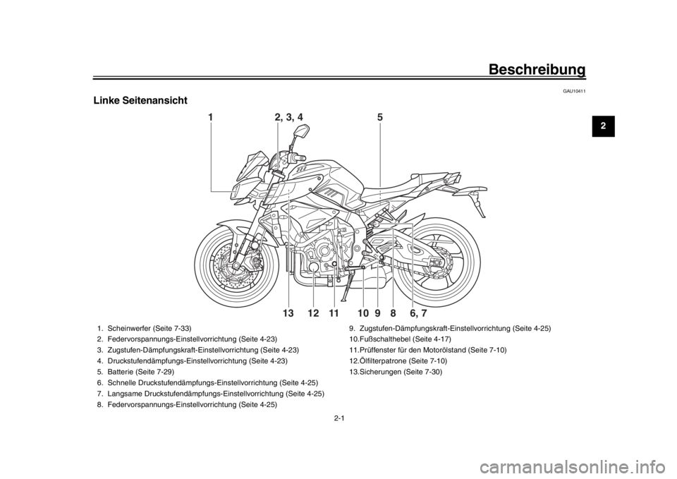 YAMAHA MT-10 2020  Betriebsanleitungen (in German) 2-1
123
4
5
6
7
8
9
10
11
12
Beschreibung
GAU10411
Linke Seitenansicht
1
6, 7
2, 3, 4 5
98
10
11
1213
1. Scheinwerfer (Seite 7-33)
2. Federvorspannungs-Einstellvorrichtung (Seite 4-23)
3. Zugstufen-D�