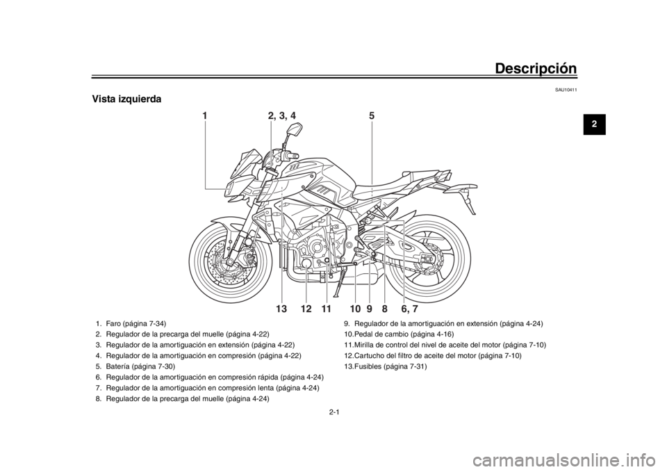 YAMAHA MT-10 2020 Manuale de Empleo (in Spanish) 2-1
123
4
5
6
7
8
9
10
11
12
Descripción
SAU10411
Vista izquierda
1
6, 7
2, 3, 4 5
98
10
11
1213
1. Faro (página 7-34)
2. Regulador de la precar ga del muelle (página 4-22)
3. Regulador de la amort YAMAHA MT-10 2020 Manuale de Empleo (in Spanish) 2-1
123
4
5
6
7
8
9
10
11
12
Descripción
SAU10411
Vista izquierda
1
6, 7
2, 3, 4 5
98
10
11
1213
1. Faro (página 7-34)
2. Regulador de la precar ga del muelle (página 4-22)
3. Regulador de la amort
