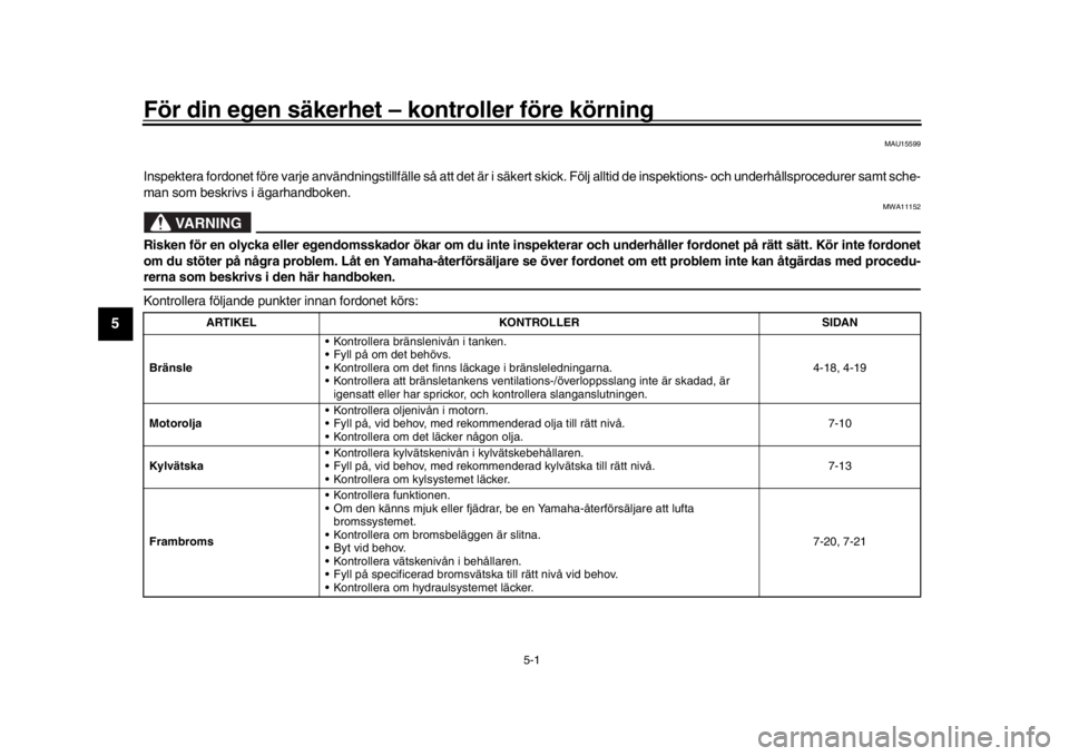 YAMAHA MT-10 2020  Bruksanvisningar (in Swedish) 5-1
1
2
3
45
6
7
8
9
10
11
12
För din egen säkerhet –  kontroller före körning
MAU15599
Inspektera fordonet före varje användningstillfälle så att det är i säkert skick. Följ alltid de in