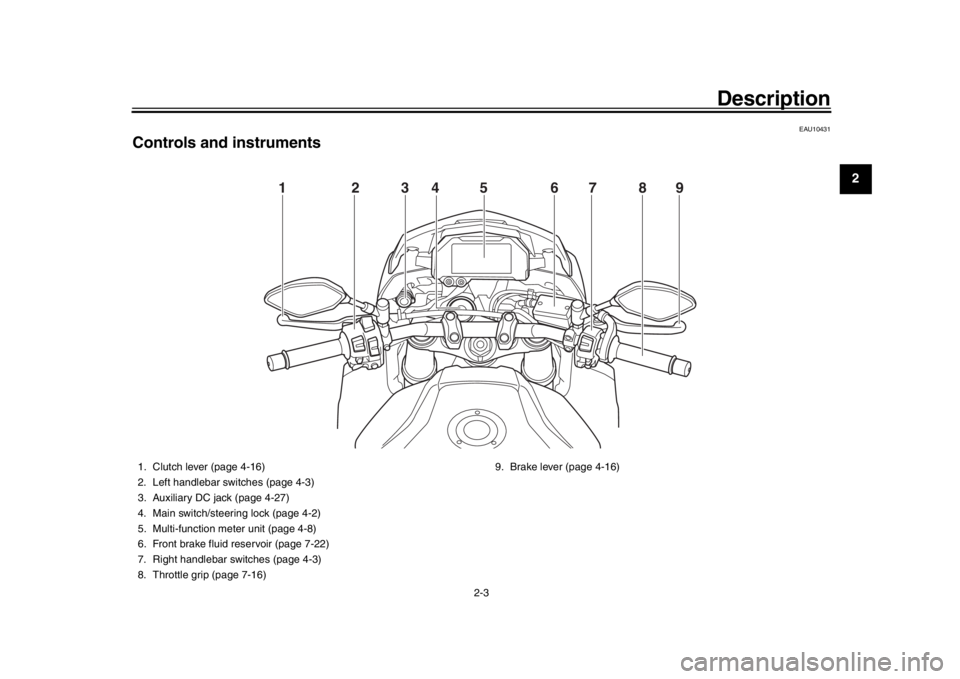 YAMAHA MT-10 2019 Owners Manual Description
2-3
123
4
5
6
7
8
9
10
11
12
EAU10431
Controls and instruments
12 456789
3
1. Clutch lever (page 4-16)
2. Left handlebar switches (page 4-3)
3. Auxiliary DC jack (page 4-27)
4. Main switch YAMAHA MT-10 2019 Owners Manual Description
2-3
123
4
5
6
7
8
9
10
11
12
EAU10431
Controls and instruments
12 456789
3
1. Clutch lever (page 4-16)
2. Left handlebar switches (page 4-3)
3. Auxiliary DC jack (page 4-27)
4. Main switch