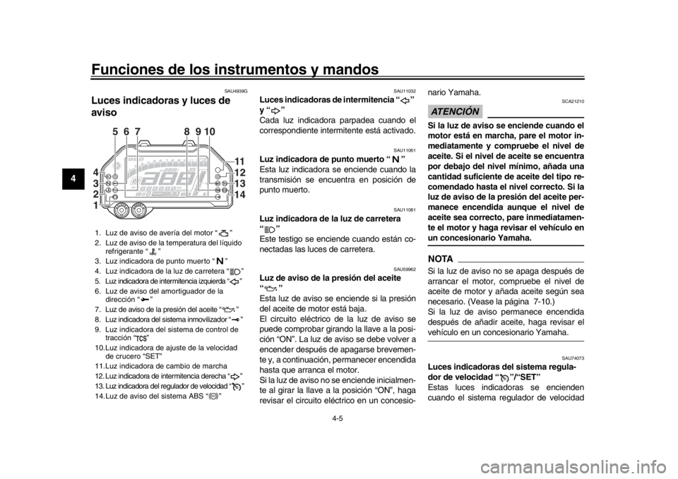 YAMAHA MT-10 2019  Manuale de Empleo (in Spanish) Funciones de los instrumentos y mandos
4-5
1
2
34
5
6
7
8
9
10
11
12
SAU4939G
Luces indicadoras y luces de 
aviso
SAU11032
Luces indicadoras de intermitencia “ ” 
y “ ”
Cada luz indicadora par