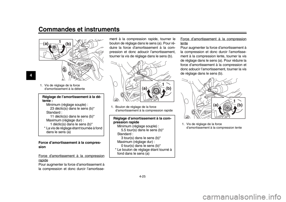 YAMAHA MT-10 2019 Notices Demploi (in French) Commandes et instruments
4-25
1
2
34
5
6
7
8
9
10
11
12
Force d’amortissement à la compres-
sion
Force d’amortissement à la compressionrapidePour augmenter la force d’amortissement à
la compr YAMAHA MT-10 2019 Notices Demploi (in French) Commandes et instruments
4-25
1
2
34
5
6
7
8
9
10
11
12
Force d’amortissement à la compres-
sion
Force d’amortissement à la compressionrapidePour augmenter la force d’amortissement à
la compr